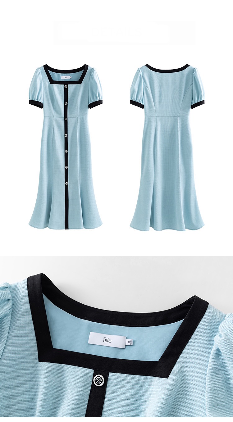 Squareneck Cottage Dress   Women's Summer Design French Look Luxury Small Fragrance High-end Office Lady Professional Workwear Female Mid-calf Dresses for Woman in Light Sky Blue Petite Plus sizes