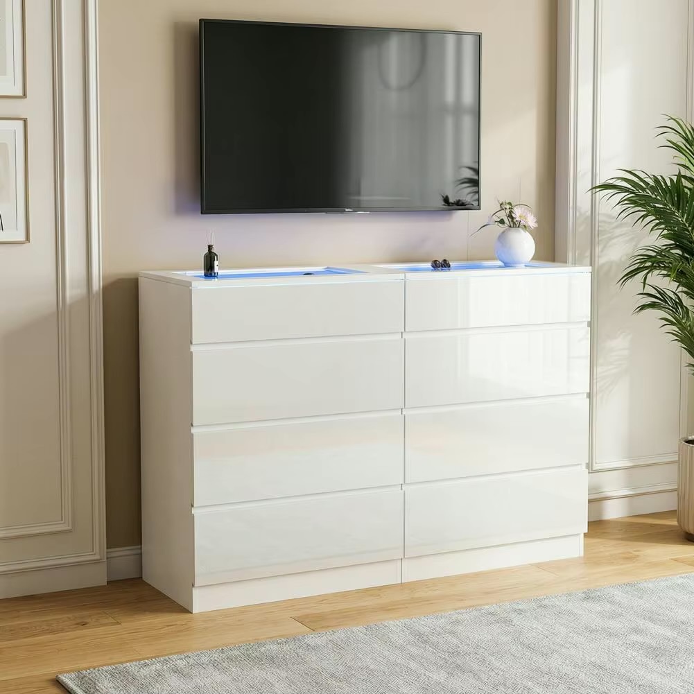 Bedroom Living room, Office, Salon, Easy Assembly 4-Drawer wth LED Lighting, Glass Table Top Modern Wooden Bedside Vanity Dresser Cabinet dressers in white with Multi color lighting