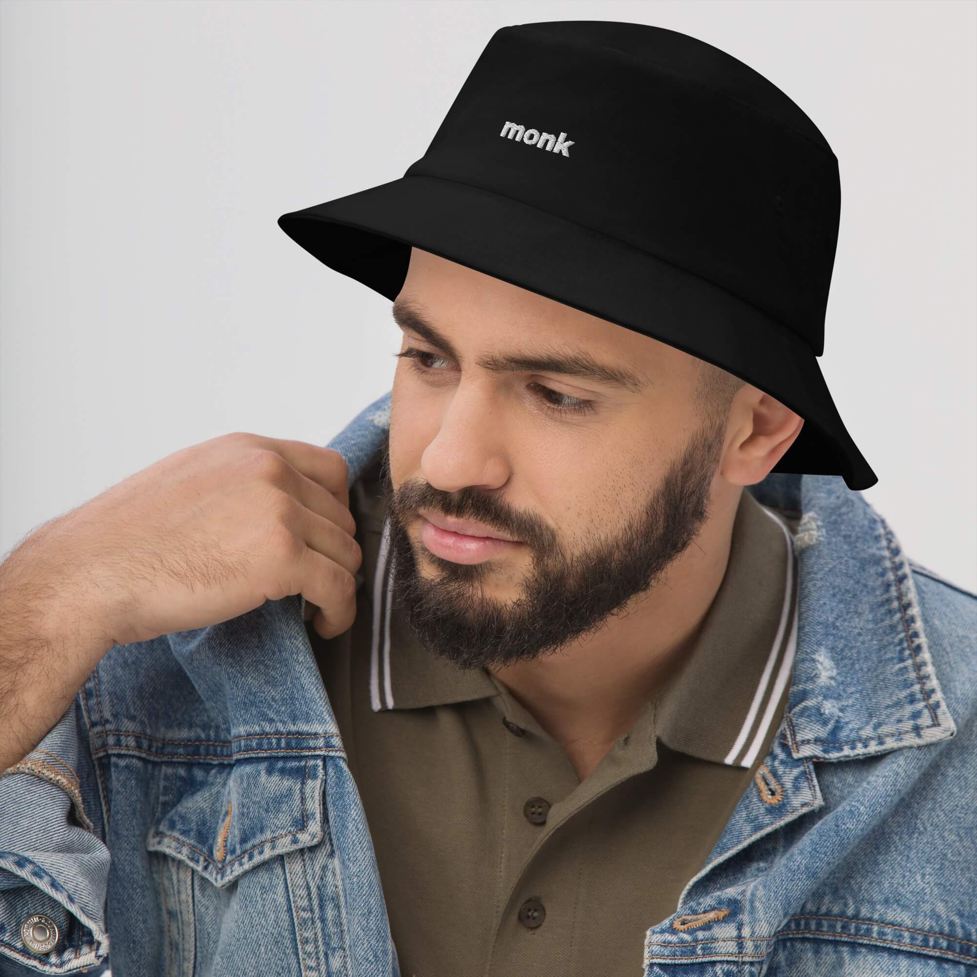 monk Bucket Hat   unisex Genderful Women’s Men’s Unisex anywear summer festival sun hats for woman man in black with white letter pattern embroidered on front, Mens womens getaway holiday vacation beachwear embroidery Headwear
