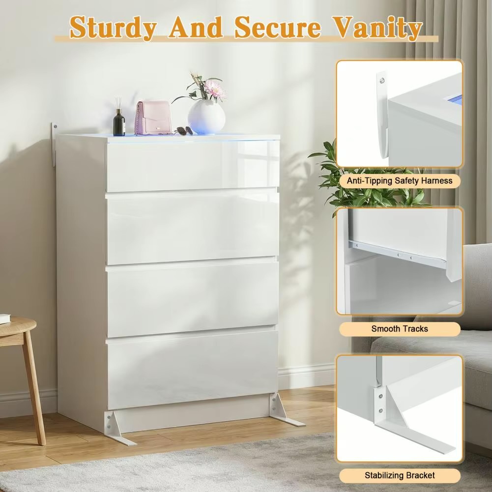 Bedroom Living room, Office, Salon, Easy Assembly 4-Drawer wth LED Lighting, Glass Table Top Modern Wooden Bedside Vanity Dresser Cabinet dressers in white with Multi color lighting