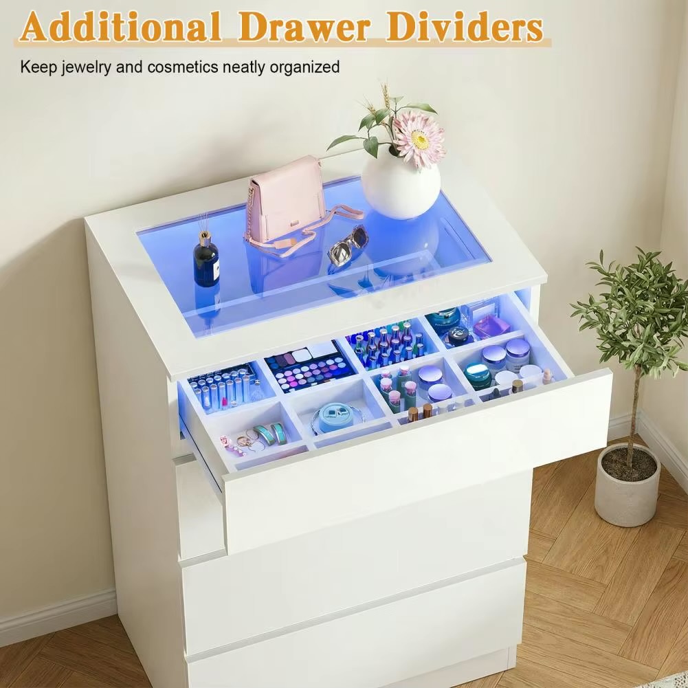 Bedroom Living room, Office, Salon, Easy Assembly 4-Drawer wth LED Lighting, Glass Table Top Modern Wooden Bedside Vanity Dresser Cabinet dressers in white with Multi color lighting