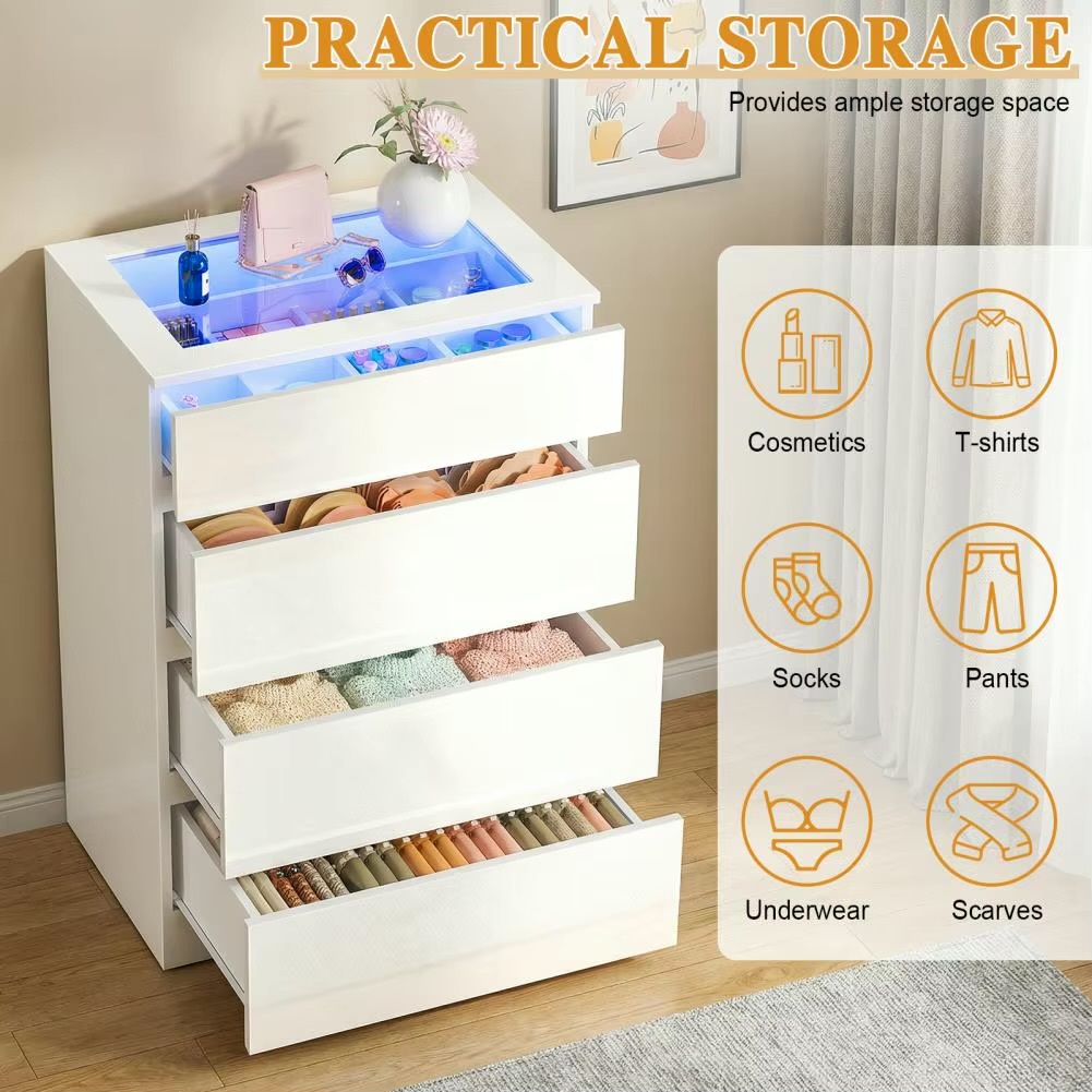 Bedroom Living room, Office, Salon, Easy Assembly 4-Drawer wth LED Lighting, Glass Table Top Modern Wooden Bedside Vanity Dresser Cabinet dressers in white with Multi color lighting