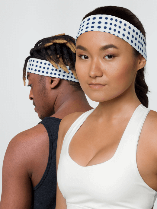 Traditional Japanese Pattern Headband   Genderful GenFlex Unisex anywear Women’s Men’s Fitness Sports Activewear by miteigi branded product sweat-absorbing Headbands for Man Woman in blue with dots pattern Mens Womens mameshibori gym yoga headwear