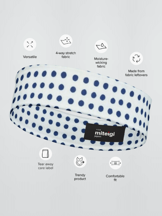 Traditional Japanese Pattern Headband   Genderful GenFlex Unisex anywear Women’s Men’s Fitness Sports Activewear by miteigi branded product sweat-absorbing Headbands for Man Woman in blue with dots pattern Mens Womens gym yoga mameshibori headwear