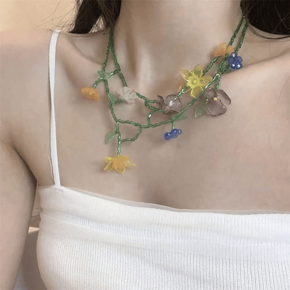 Cute Handmade Boho Bohemia Bohemian Resin Flower Necklace Minority Design Korean Style Beaded Dangle Earring Alloy Tassel Asymmetric Earrings Vacation Floral Jewellery Fashion Jewelry Sets in multi pastel color
