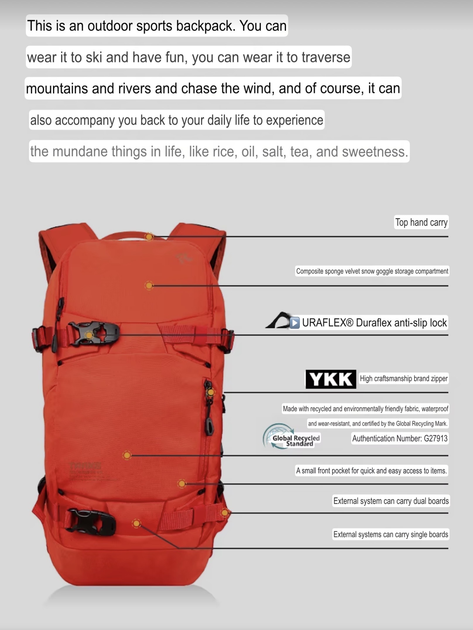 Ski Rucksack Ski Backpack Multi-Functional Backpacks Large Capacity Sports Board Dry Wet Separation Boarding Snow Bags Outdoors camping skiing in Pumpkin Yellow, Mist Light Gray, Orange, Black, Lime Yellow, Purple