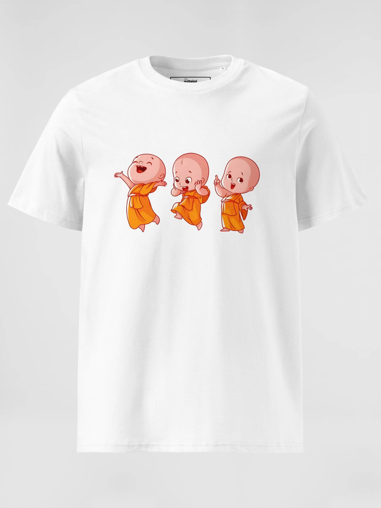 Happy Little Monk Organic Cotton T-Shirt       Unisex anywear Women’s Men's Short Sleeves o-neck casual solid white color with orange pastel multicolor design Thai anime monks character Tops womens mens crew neck round T-Shirts for tall-, plus-, size man woman Thailand Buddhist characters tees smiling faces