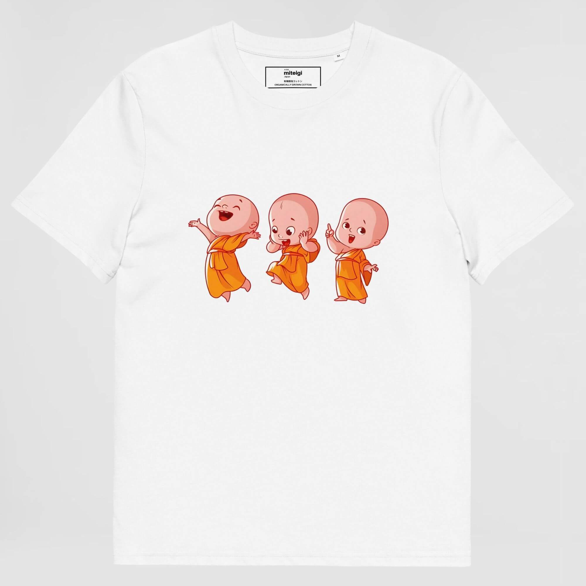 Happy Little Monk Organic Cotton T-Shirt       Unisex anywear Women’s Men's Short Sleeves o-neck casual solid white color with orange pastel multicolor design Thai anime monks character Tops womens mens crew neck round T-Shirts for tall-, plus-, size man woman Thailand Buddhist characters tees smiling faces