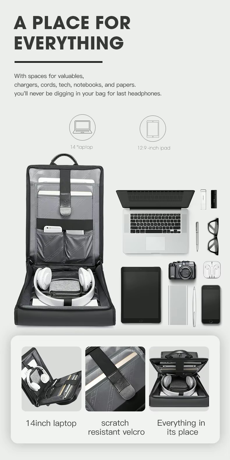 Office BANGE Simple Design Slim Backpack 14 Inch Laptop Bag Waterproof Minimalist Flat Business Backpacks Casual Travel Office Work Bags in black