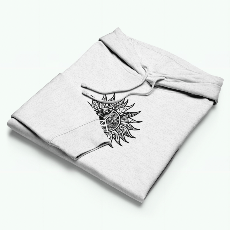 Women’s Boho bohemian Organic Cotton Hoodie  Hood with drawcords Kanga pouch pocket Bohemia sunshine graphic print Pullovers Casual Sweatshirt for woman in Gray grey with black accent Womens petite-, tall-, plus-, size long sleeves drawstring knitted womens top Fall Autumn fashion sweatshirts 