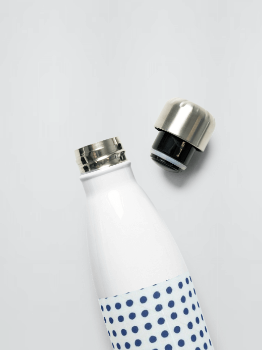 Stainless Steel Water Bottle Traditional Japanese Pattern   miteigiYūki Fitness Sports Activewear by miteigi gear flasks bottles in white with blue dots 