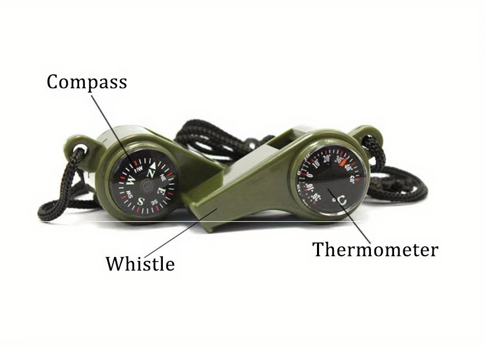 3-in-1 Three in one outdoor trekking camping multi-functional emergency survival whistle, compass, thermometer, portable high-frequency whistle with hanging rope neck strap alert navigation survival kit in green