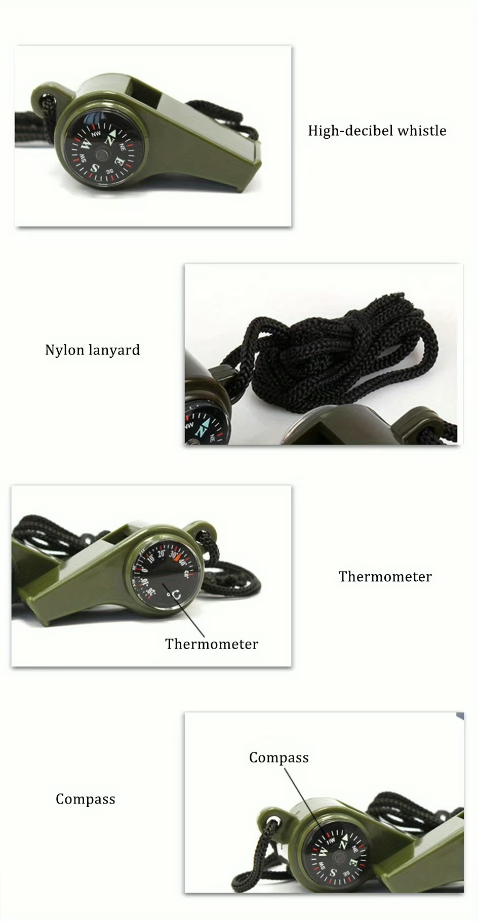 3-in-1 Three in one outdoor trekking camping multi-functional emergency survival whistle, compass, thermometer, portable high-frequency whistle with hanging rope neck strap alert navigation survival kit in green