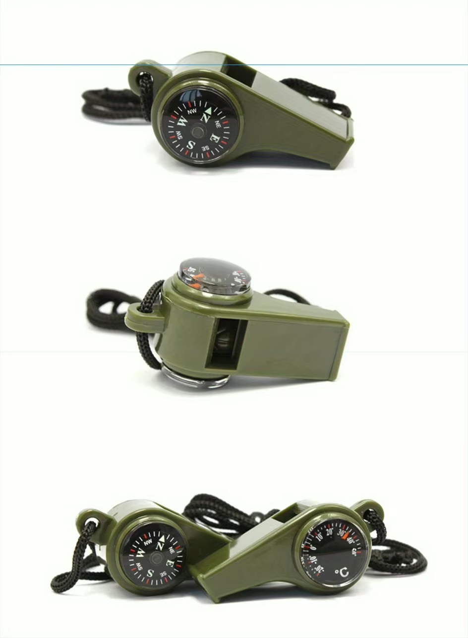 3-in-1 Three in one outdoor trekking camping multi-functional emergency survival whistle, compass, thermometer, portable high-frequency whistle with hanging rope neck strap alert navigation survival kit in green