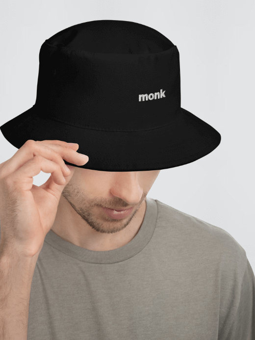 monk Bucket Hat   unisex Genderful Women’s Men’s Unisex anywear summer festival sun hats for woman man in black with white letter pattern embroidered on front, Mens womens getaway holiday vacation beachwear embroidery Headwear