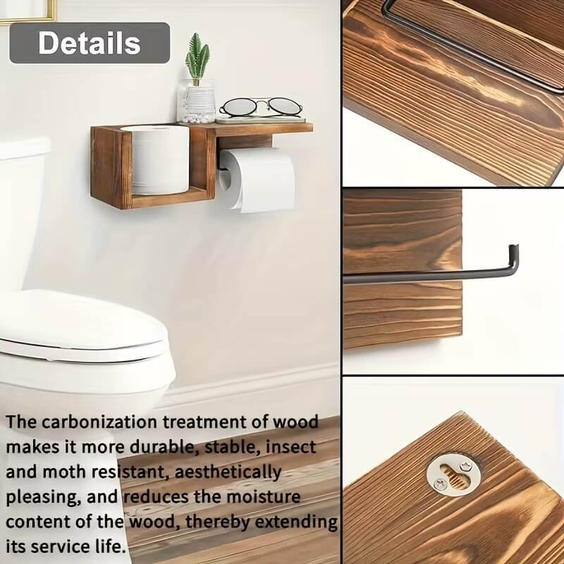 Farmhouse Wooden Wall Mounted Towel Rack & Tissue Holder with Shelf Bathroom Kitchen Organizer Holders in natural wood color