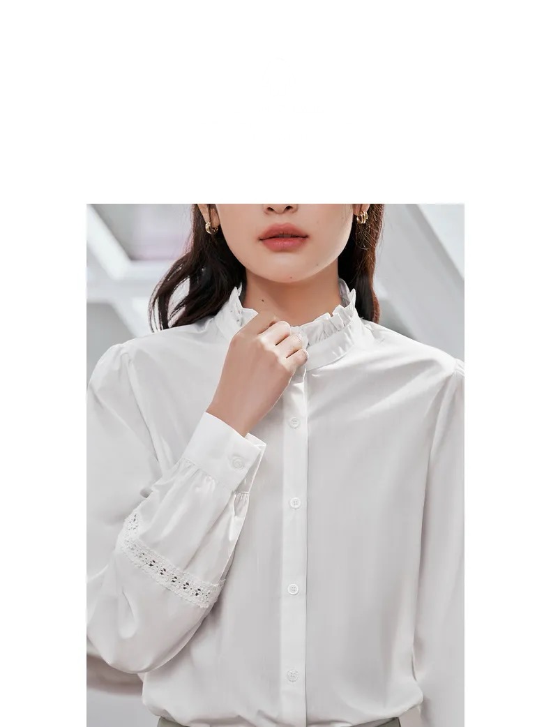 Petal Collar Shirt Women’s Spring Long Sleeve Loose Blouse 3D Lace Splicing Four Colors Elegant Chic Tops Plus size Shirts for woman in White