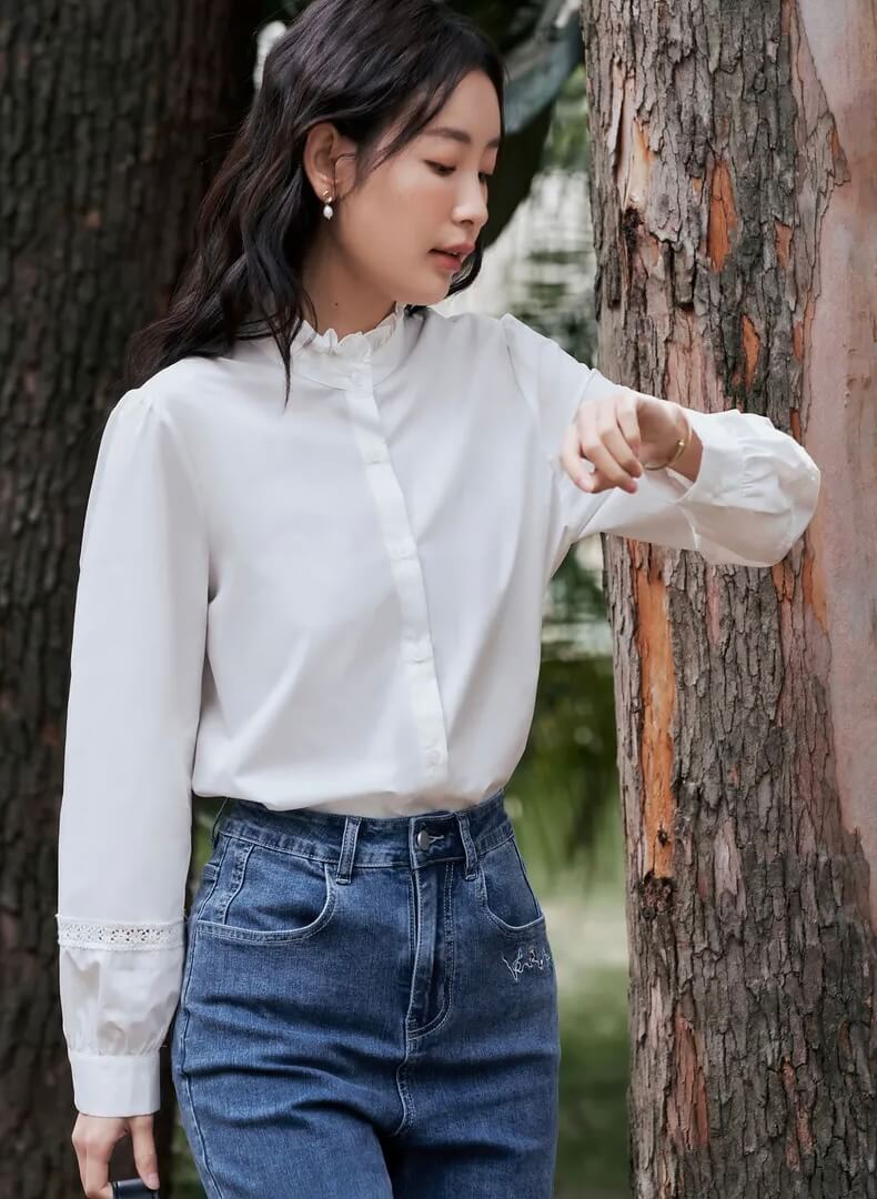 Petal Collar Shirt Women’s Spring Long Sleeve Loose Blouse 3D Lace Splicing Four Colors Elegant Chic Tops Plus size Shirts for woman in White