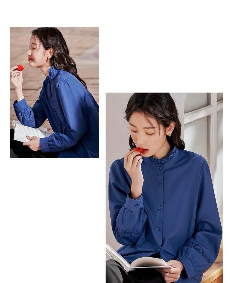 Petal Collar Shirt Women’s Spring Long Sleeve Loose Blouse 3D Lace Splicing Four Colors Elegant Chic Tops Plus size Shirts for woman in Blue