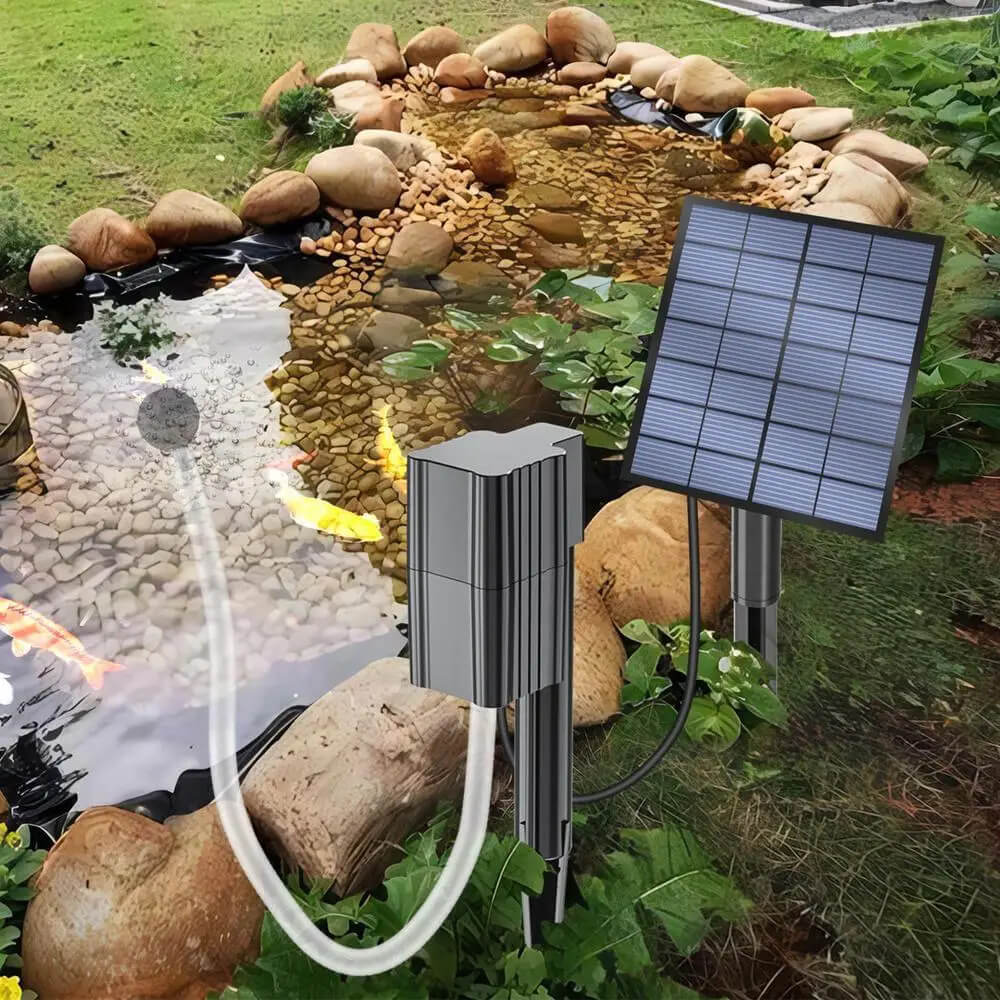 Outdoors garden Solar Pond Aerator Solar Air Pump Aquarium Aerator Solar Powered Outdoor Pond Oxygenator for Outdoor Gardens Hydroponic Fish Pond in black, with white pipe