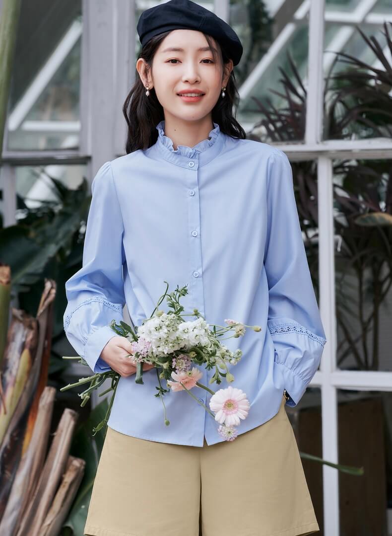 Petal Collar Shirt Women’s Spring Long Sleeve Loose Blouse 3D Lace Splicing Four Colors Elegant Chic Tops Plus size Shirts for woman in Light Sky Blue 