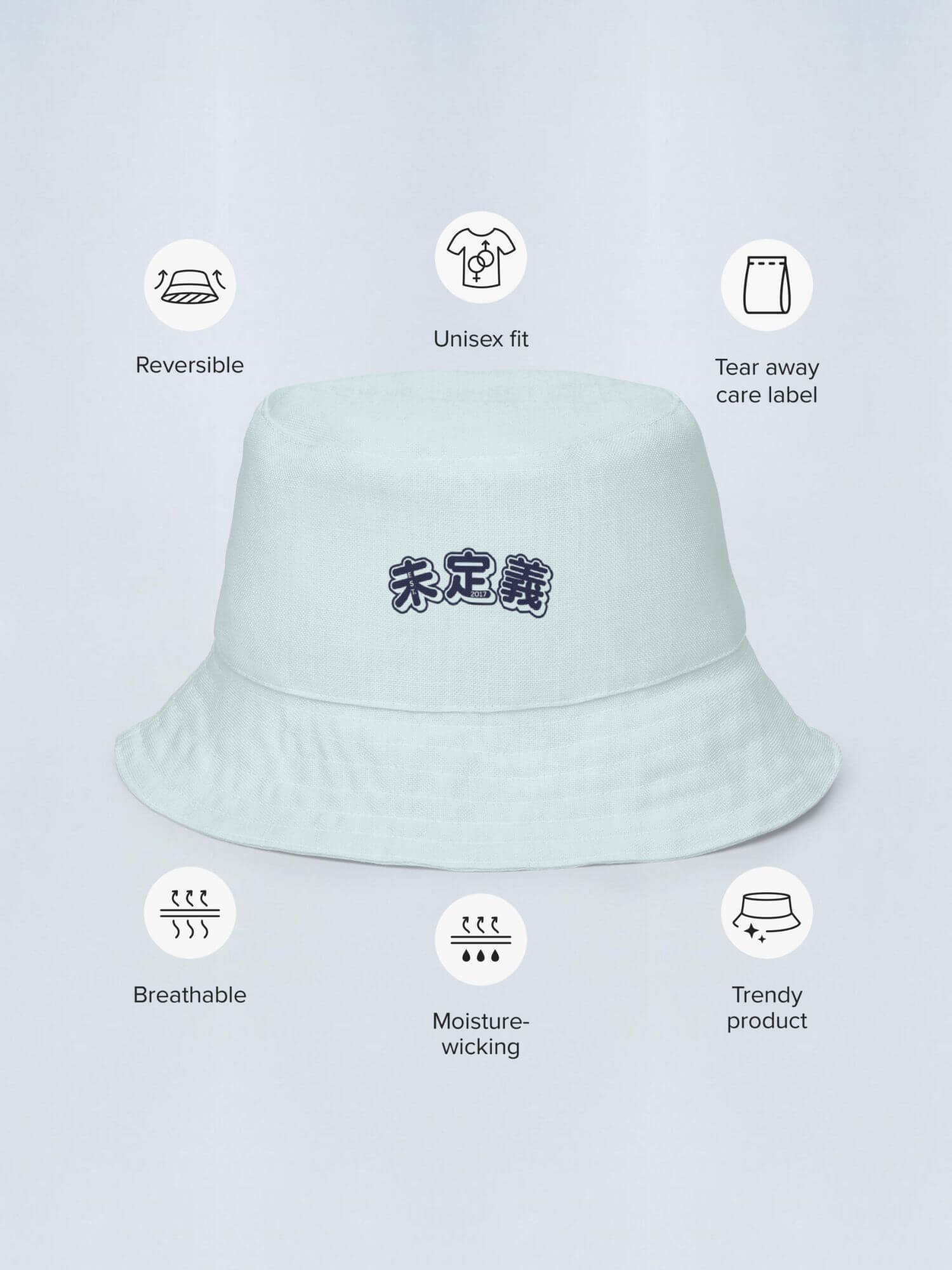 Lemons Reversible Bucket Hat miteigi EST. 2017 Arch Logo    Women’s Men’s anniversary branded product item Unisex anywear summer festival hats for woman man in light teal blue with lemon fruits Japanese traditional pattern Mens womens getaway holiday vacation beachwear Genderful Headwear