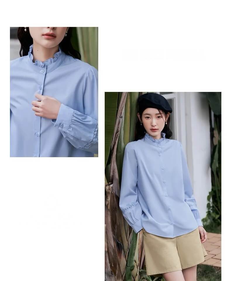 Petal Collar Shirt Women’s Spring Long Sleeve Loose Blouse 3D Lace Splicing Four Colors Elegant Chic Tops Plus size Shirts for woman in Light Sky Blue 