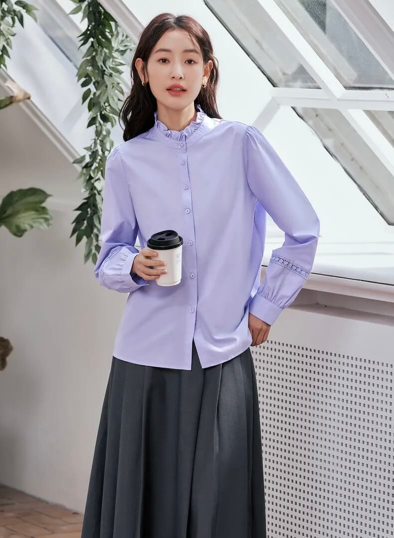 Petal Collar Shirt Women’s Spring Long Sleeve Loose Blouse 3D Lace Splicing Four Colors Elegant Chic Tops Plus size Shirts for woman in Lilac purple 