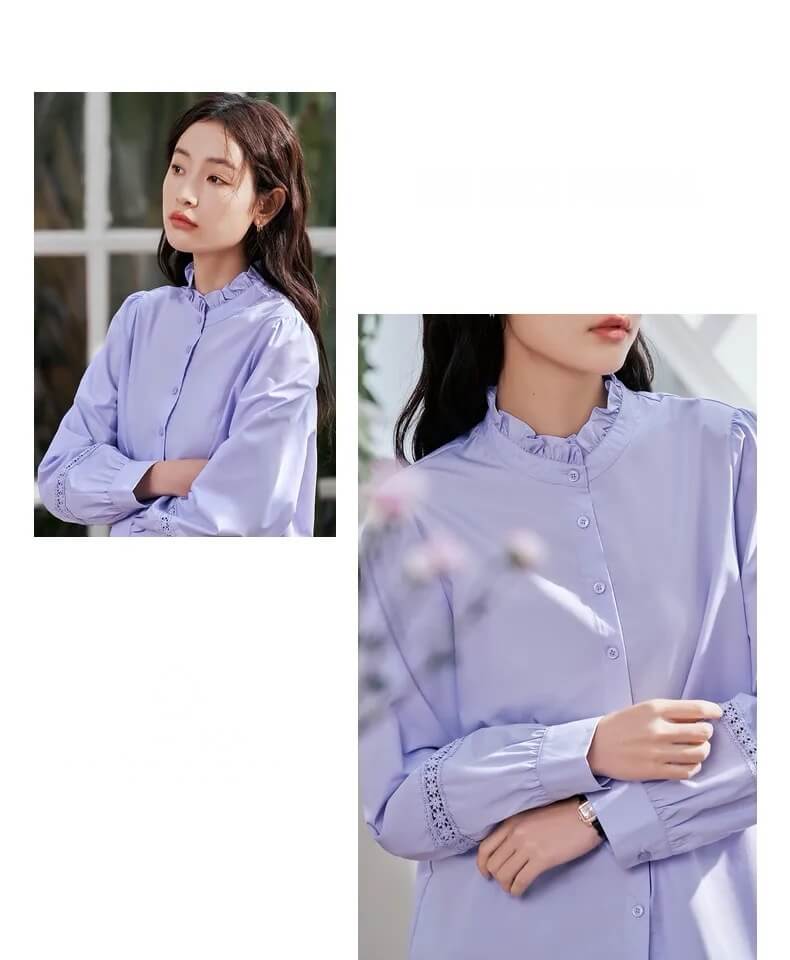 Petal Collar Shirt Women’s Spring Long Sleeve Loose Blouse 3D Lace Splicing Four Colors Elegant Chic Tops Plus size Shirts for woman in Lilac purple 