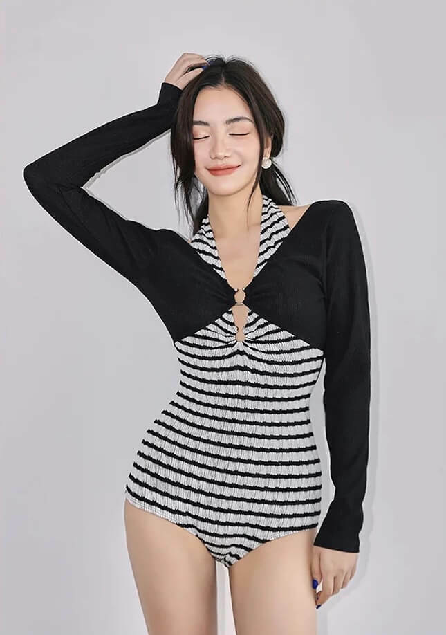 Ribbon Neck-Tie Swimsuit      Women's One Piece Long Sleeves Asian Conservatively Covers The Belly and Shows Thin Solid stripes Beachwear monokini for woman in black and white Plus size patchwork womens swimsuits swimwear 