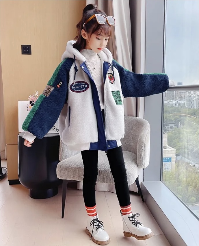 Wool Hooded Jacket  Autumn Winter Girl Coat Zip Warm Fur Thicken Clothing Kids Teenage Fashion Hood Lamb Woolen Plush Teens Jackets Outerwear Coats for Girls in Navy Blue white