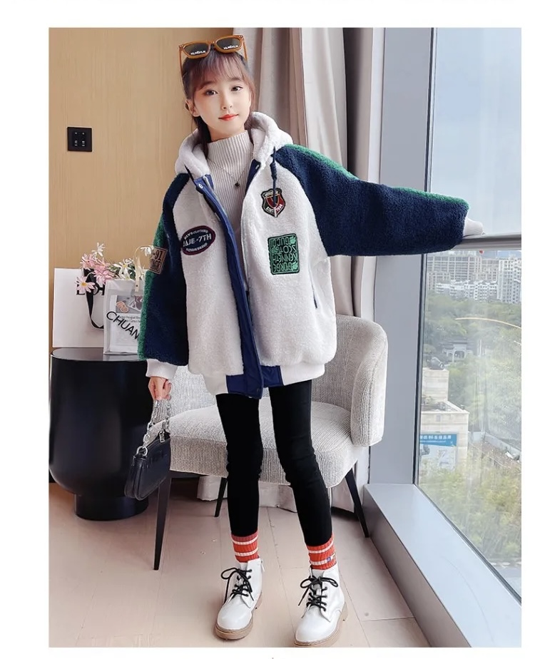 Wool Hooded Jacket  Autumn Winter Girl Coat Zip Warm Fur Thicken Clothing Kids Teenage Fashion Hood Lamb Woolen Plush Teens Jackets Outerwear Coats for Girls in Navy Blue white