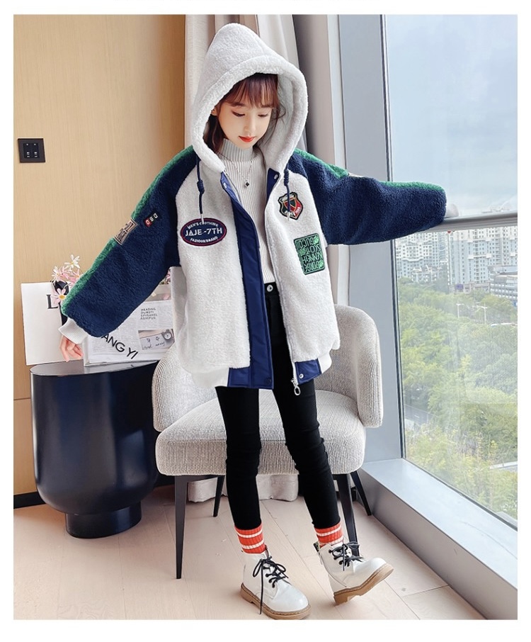 Wool Hooded Jacket  Autumn Winter Girl Coat Zip Warm Fur Thicken Clothing Kids Teenage Fashion Hood Lamb Woolen Plush Teens Jackets Outerwear Coats for Girls in Navy Blue white