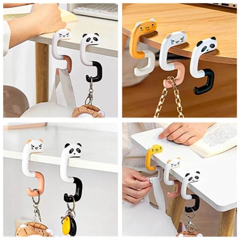 Cute kawaii Portable Desk Bag Hook Animal Plastic Table Hook Purse Handbag Travel Bag Organizer Holder Office Decor Plastic Desk Side Hooks in White, black panda, Orange panda, White, pink cat, Orange cat