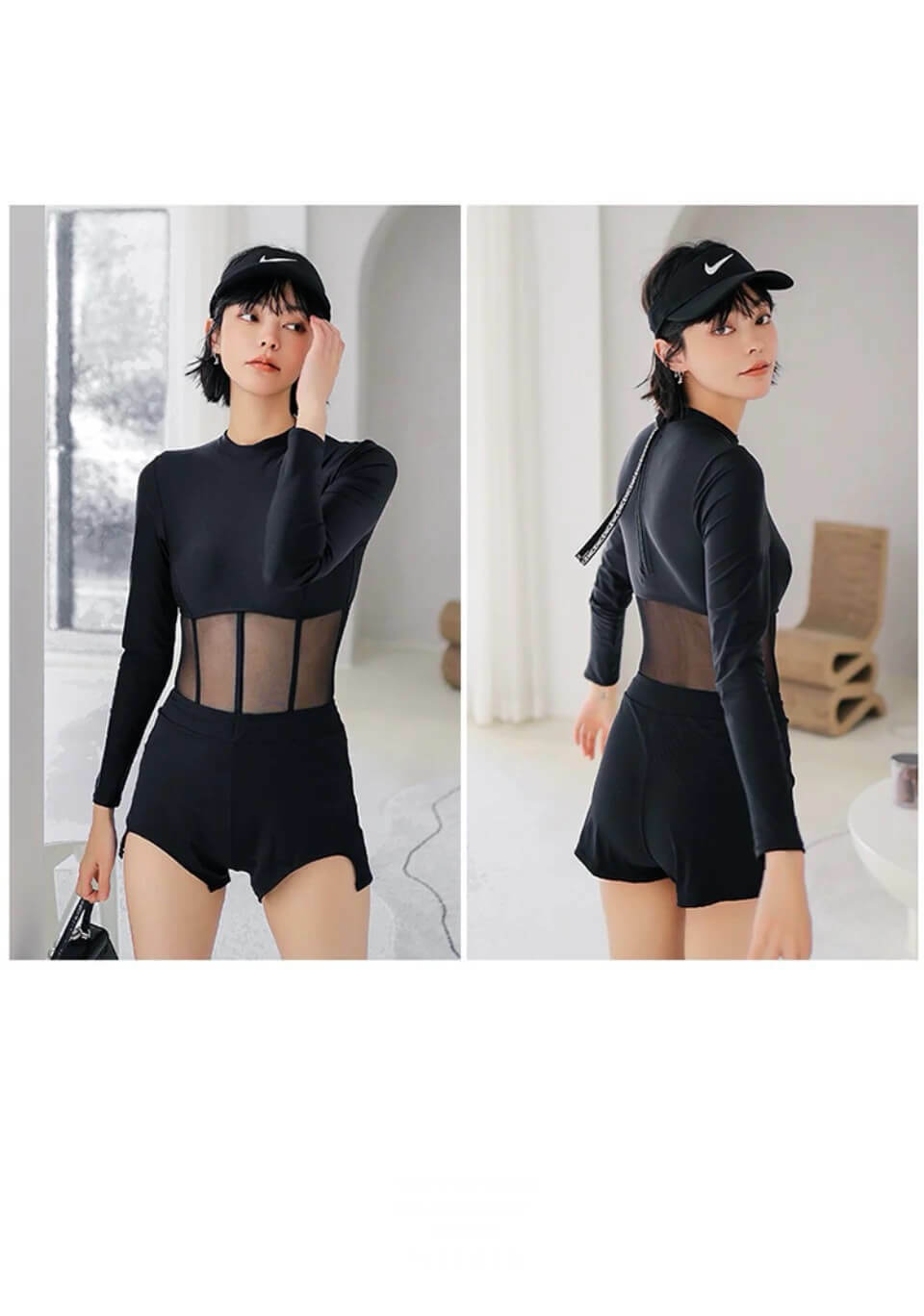 Japanese Swimsuit black   Women’s One-piece long-sleeves bathing suit solid belly coverup slim Korean fashionable spring summer suits for woman Tall plus size womens swimwear bikini tops, bottoms, and swim shorts swimsuits