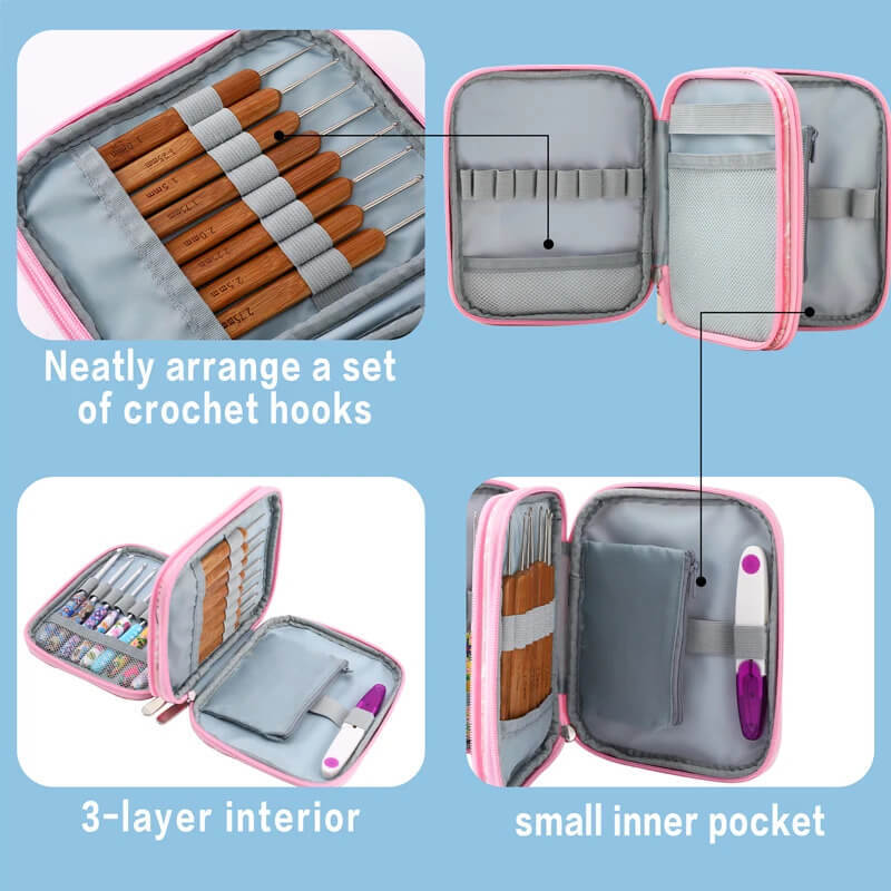 Crafters Empty Crochet Pouch Storage Knitting Kit Case Organizer For Hooks Needles Scissors Ruler Crafts Sewing Kit Bags in pink with floral multicolor design pattern