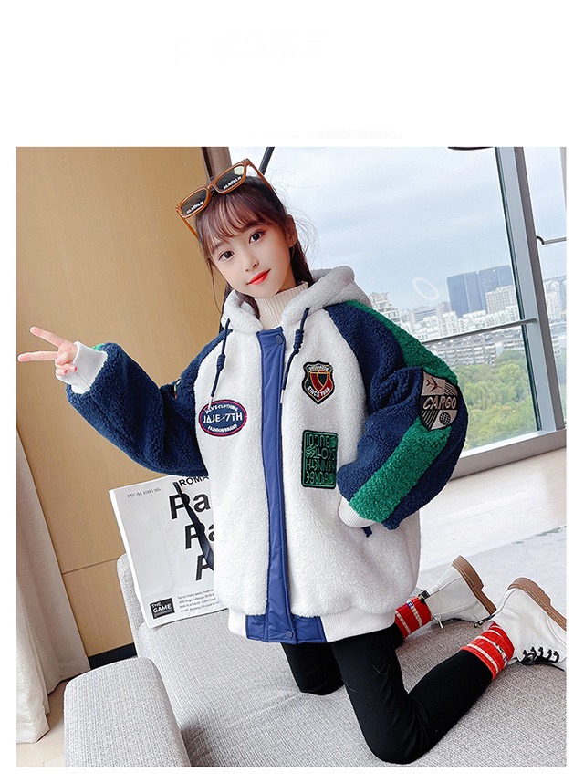 Wool Hooded Jacket  Autumn Winter Girl Coat Zip Warm Fur Thicken Clothing Kids Teenage Fashion Hood Lamb Woolen Plush Teens Jackets Outerwear Coats for Girls in Navy Blue white