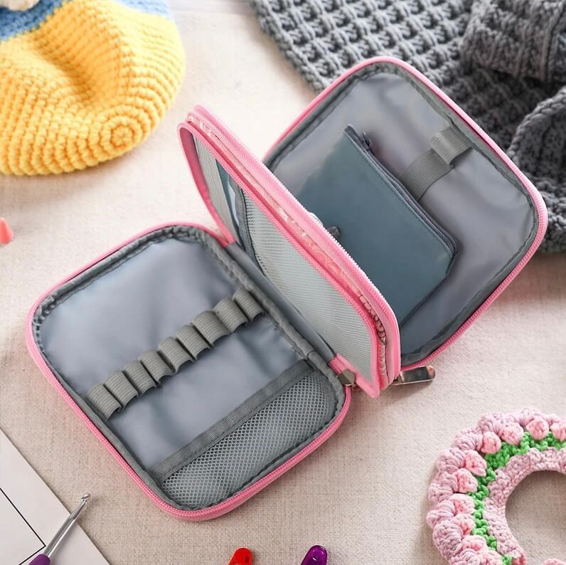 Crafters Empty Crochet Pouch Storage Knitting Kit Case Organizer For Hooks Needles Scissors Ruler Crafts Sewing Kit Bags in pink with floral multicolor design pattern