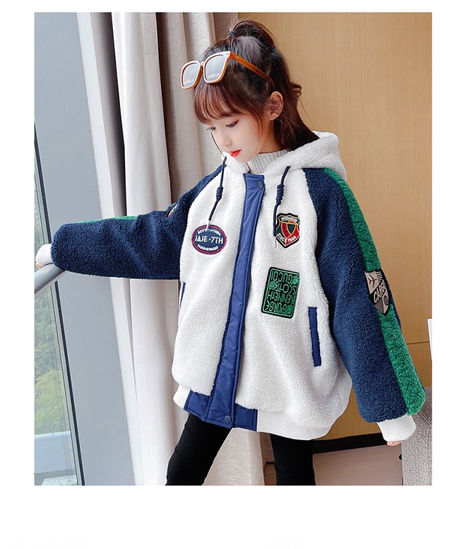 Wool Hooded Jacket  Autumn Winter Girl Coat Zip Warm Fur Thicken Clothing Kids Teenage Fashion Hood Lamb Woolen Plush Teens Jackets Outerwear Coats for Girls in Navy Blue white