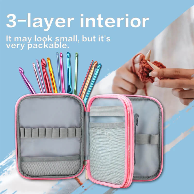 Crafters Empty Crochet Pouch Storage Knitting Kit Case Organizer For Hooks Needles Scissors Ruler Crafts Sewing Kit Bags in pink with floral multicolor design pattern