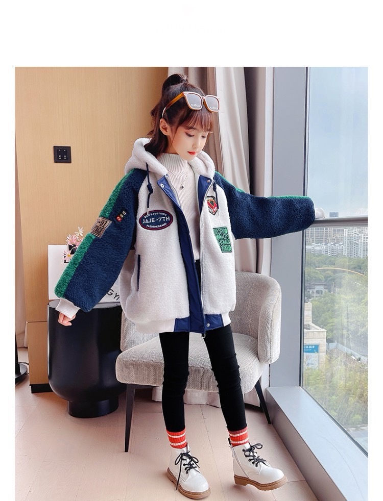 Wool Hooded Jacket  Autumn Winter Girl Coat Zip Warm Fur Thicken Clothing Kids Teenage Fashion Hood Lamb Woolen Plush Teens Jackets Outerwear Coats for Girls in Navy Blue white