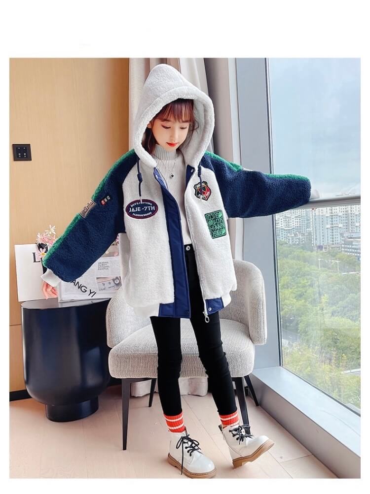 Wool Hooded Jacket  Autumn Winter Girl Coat Zip Warm Fur Thicken Clothing Kids Teenage Fashion Hood Lamb Woolen Plush Teens Jackets Outerwear Coats for Girls in Navy Blue white