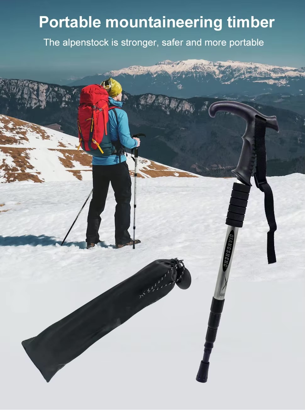 Outdoors camping Folding Trekkings Pole 4-Section Portable Walking Hiking Telescopic Stick Lightweight Camping Climbing Trekking Sticks in Black, Red, Blue, Silver