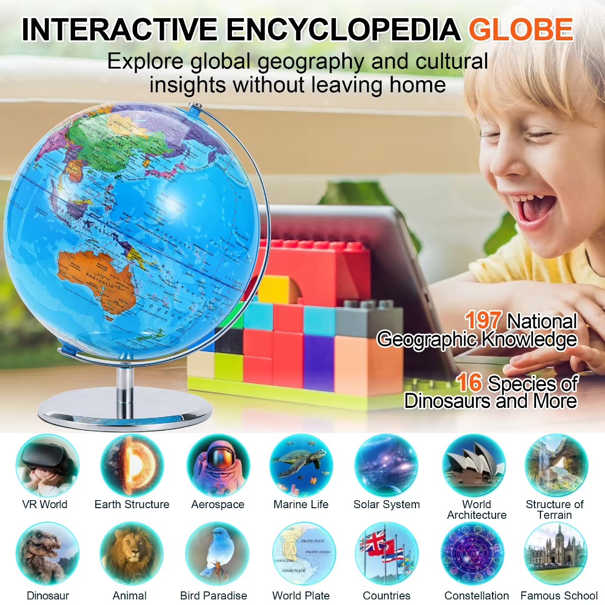 Modern minimalist Space Saving office home student child children&rsquo;s kids dorm study room Educational learning Dormitory metal light Vintage sturdy Sphere Diameter 25cm Pure English HD Printed 360&deg; Student Teaching LED Light Desk Lamp Globe Metal ABS Office Crafts AR World Globe Lamp Countertop Decor Fashion globes maps Lamps lighting in black multicolor