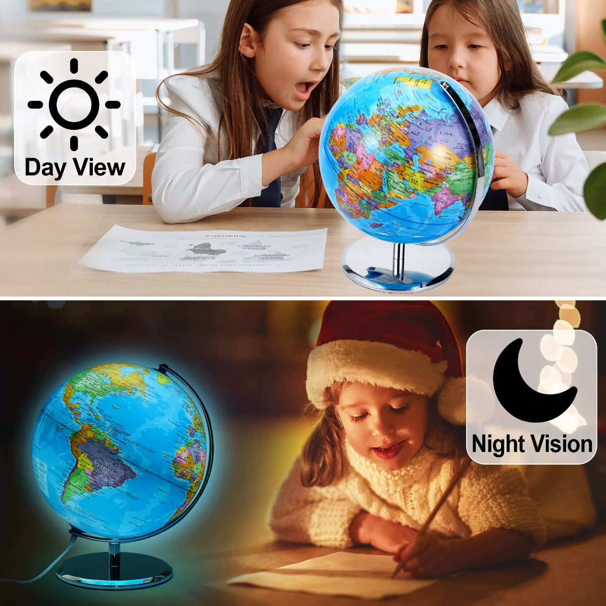 Modern minimalist Space Saving office home student child children&rsquo;s kids dorm study room Educational learning Dormitory metal light Vintage sturdy Sphere Diameter 25cm Pure English HD Printed 360&deg; Student Teaching LED Light Desk Lamp Globe Metal ABS Office Crafts AR World Globe Lamp Countertop Decor Fashion globes maps Lamps lighting in black multicolor