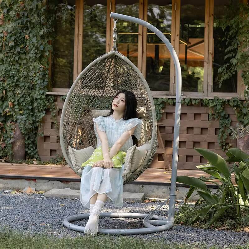 Popular Outdoor Garden Hanging Swing Egg Chairs in beige with Gray grey stand