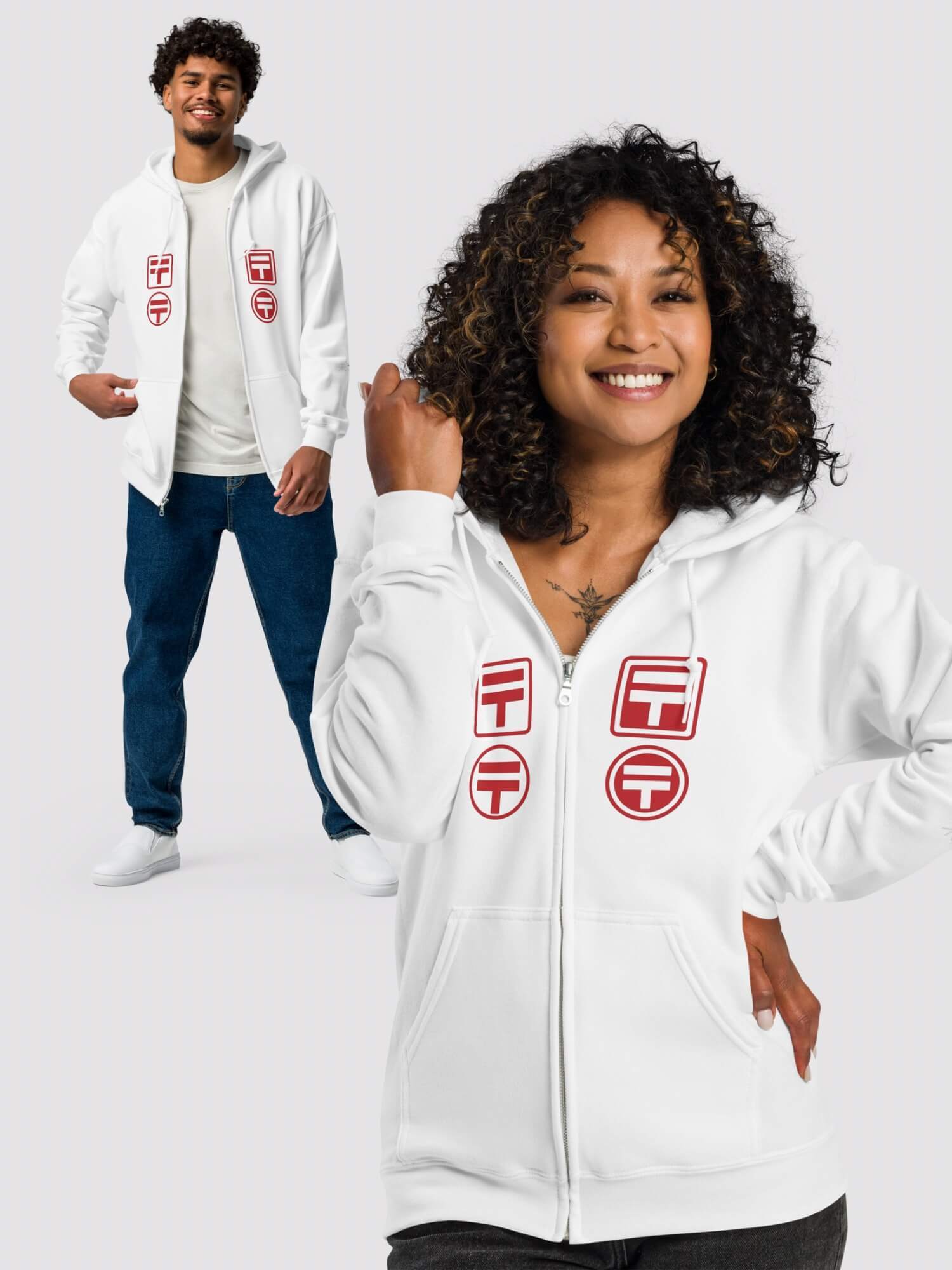 Japan Post Heavy Blend Zip Hoodie Genderful Unisex anywear Men’s Women’s long sleeves kangaroo kanga pouch pocket hooded neckline with drawcords fitness gym Sweatshirt for man woman in white with platinum red Japanese script letter logo design  on left arm wrist Mens Women’s everyday use petite-  tall-, plus-, size activewear sportswear sweatshirts grey hoodies