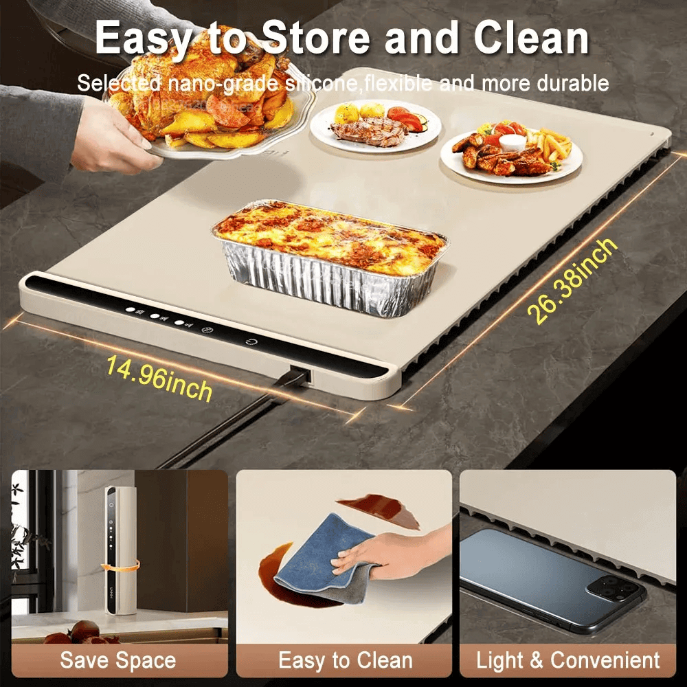 Foldable Electric Warming Tray Food Warmer Mat Food Warm Plate Party Fast Heating Plate Portable Silicone Electric Warming Trays in beige, blue