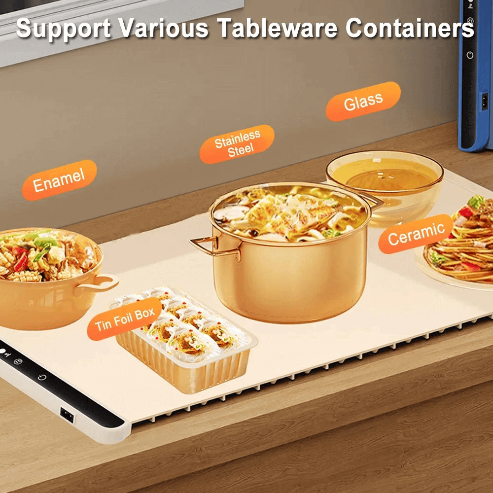 Foldable Electric Warming Tray Food Warmer Mat Food Warm Plate Party Fast Heating Plate Portable Silicone Electric Warming Trays in beige, blue