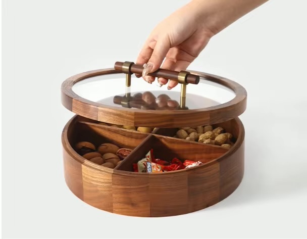 Round North American Black Walnut Fruit Living Room Coffee Table Home High-end Exquisite Lattice Solid Wood Fruits Bowl Box Decoration Cuisine Simple Dining Tableware Breakfast dessert Dinnerware Boxes Bowls in brown solid design with transparent clear glass framed lid